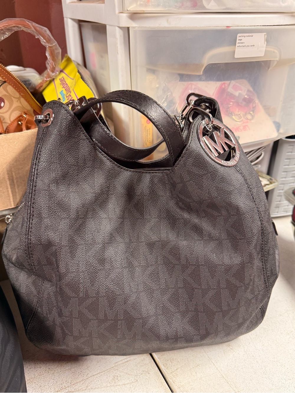 Michael Kors Dark Brown MK Logo Hobo Bag with Silver Charm